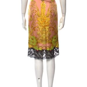 Versace Heritage-Print Silk Midi Skirt w/ Lace Trim